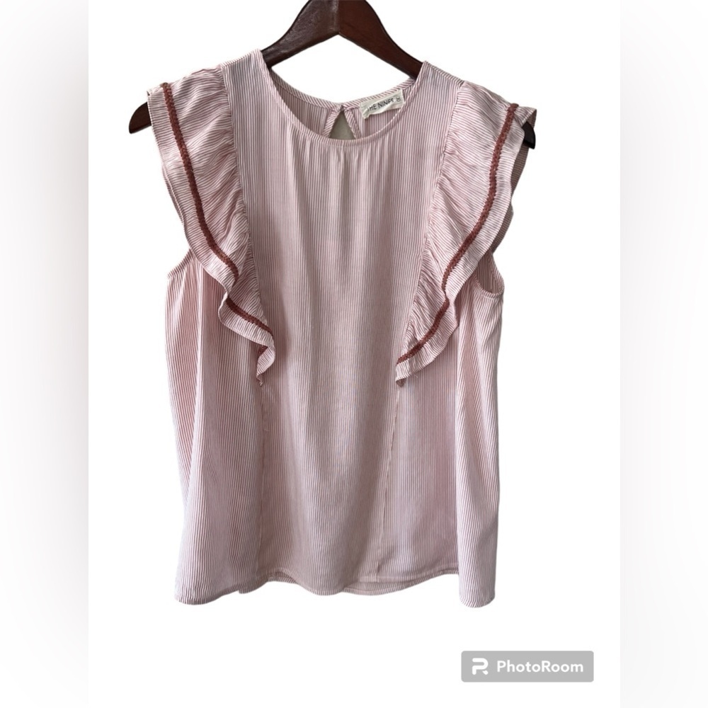 The Nines Pink & White Pin Stipe & Ruffle blouse size M Women NWOT